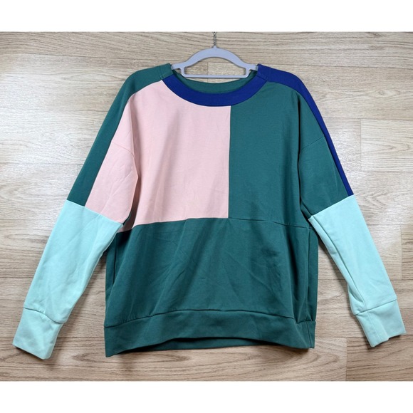 Adidas Colorblock Sweatshirt Teal Pink Blue Crewneck Cozy Athleisure M - Picture 2 of 6